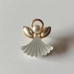 Vintage Angel Pin Pendant Faux Pearl Lucite Goldtone Metal Olit USA